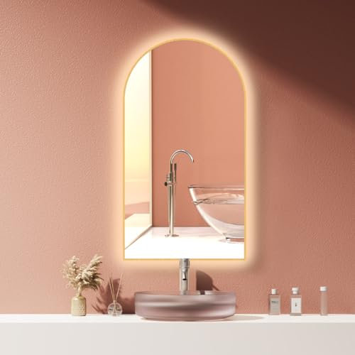 HOKO® Miroir arqué Anti-buée 50x90/90x50cm avec Cadre doré, Montage Vertical/Horizontal. Miroir Lumineux pour Salle de Bain+Interrupteur Tactile+Changement de LED 2700-6500K, Blanc Chaud-Froid-Neutre