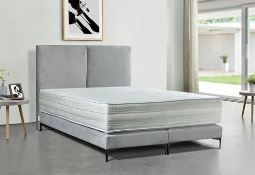 Tesla Dreams Boxspringbett 160x200 Loris, Taschenfederkern-Matratzenhöhe 30 cm H2/H3,Unterbau Taschenfederkern, Premium-Hotelbett Grau