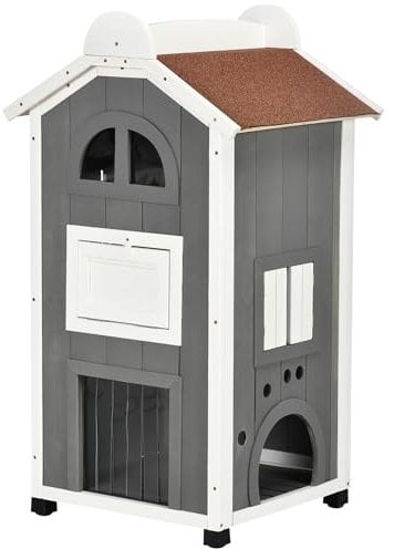 PawHut Casetta per Gatti in Legno 59 x 55 x 109 cm a 3 Livelli Con Tetto Asfaltico, Piattaforme e Scala per Esterno Grigio