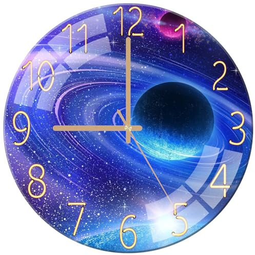 ALEENFOON Horloge Murale en Verre de 30 cm, Horloge Quartz Ronde Modern Silencieuse sans tic-tac Horloge Murale pour Salon, Cuisine, Chambre à Coucher, Bureau (Planète Cosmique)