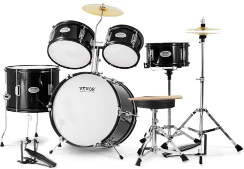 VEVOR Kit di Batteria per Bambini, Set Completo per Principianti, 5 Pezzi, Kit con Basso Tom, Rullante, Trono, Piatto, Pedale Hi-Hat e Due Paia di Bacchette, Kit Tamburo Principianti 40,64 cm, Nero