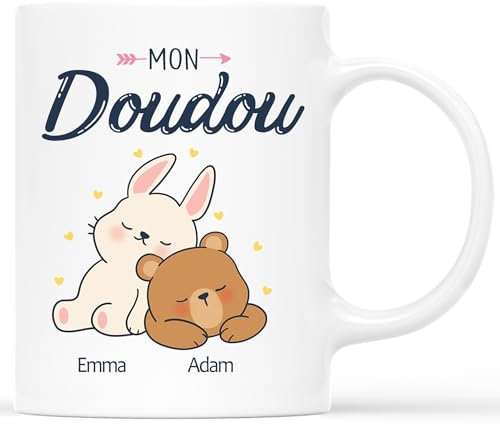 𝗖𝗔𝗗𝗘𝗔𝗨 𝗣𝗟𝗨𝗦 Mug Personnalisé Prénom - Mon Doudou - Cadeau Personnalisé Maitresse, Cadeau Couple Personnalisé, Mug Amour, Tasse Personnalisée Saint Valentin, Tasse Couple Personnalisable