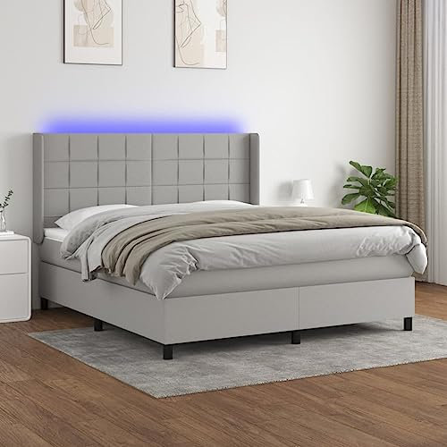 Keyroto Boxspringbett 180x200 Polsterbett 180x200 Boxspringbett Einzelbett Doppelbett mit Matratze Bett mit Kopfteil & LED Stoff Hellgrau 180x200 cm