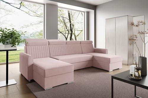 LIKMA Canapé d’Angle Rose poudré en U Neli 274x162 cm avec Fonction lit (254x125 cm), Coffre de Rangement, appuie-têtes réglables – Grand canapé Convertible panoramique avec 2 espaces de Rangement