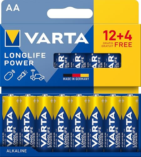VARTA Batteries AA Pack of 16, Longlife Power, Alkaline, 1.5 V, Ideal for Toys, Wireless Mouse, Torches, Plastic-Free Packaging, Made in Germany