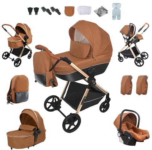 Prokoke Kinderwagen 4 in 1, Kinderwagen Set Einem Klick Faltbar, Kombikinderwagen 4 in 1 mit Umkehrbarem Zwei-Wege-Schub, Buggy Rahmen Aluminiumlegierung Baby Kleinkind Neugeborene (H2 Caramel)