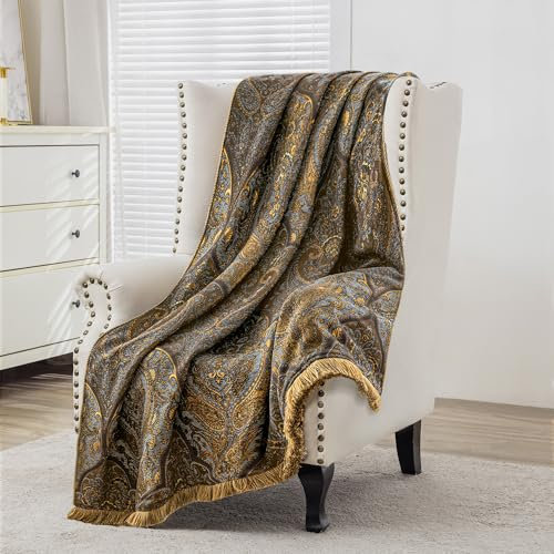 Loom and Mill Vintage-Jacquard-Überwurfdecke für Bett, klassischer, antiker Damast-Überwurf mit Fransenbesatz, weich, leicht, mit Samt gefüttert, Überwurfdecke für Sofa, Couch, Stuhl, alle