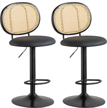 DUddTTW Rattan-Barstühle, höhenverstellbarer Barhocker, Leder-Barhocker, 2er-Set, mit Rückenlehne und Fußstütze, drehbare Küchen-Barhocker