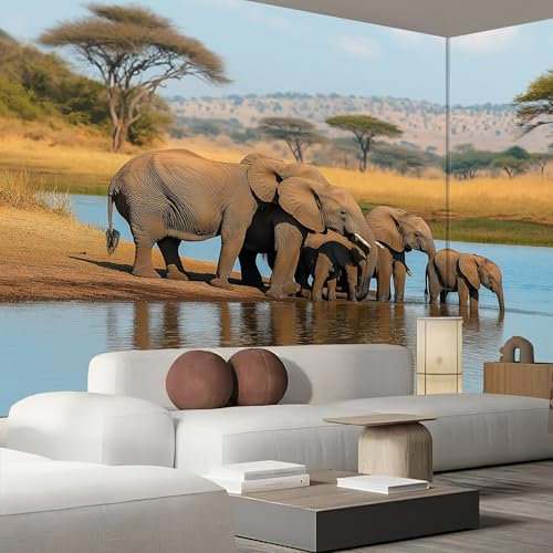 Fototapete 3D Effekt 450×315cm Seidenstoff FüR Wohnzimmer Schlafzimmer Wanddekoration, Trinkwasser Tiere Fototapeten Wandtapete Afrika Elefant Wandbild Fototapete