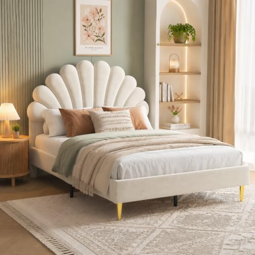 Lit tapissé pour lit double de 140 x 200 cm, lit enfant pour filles avec tête de lit en forme de fleur, forme de coquillage et sommier à lattes, structure de lit rembourrée en tissu de velours