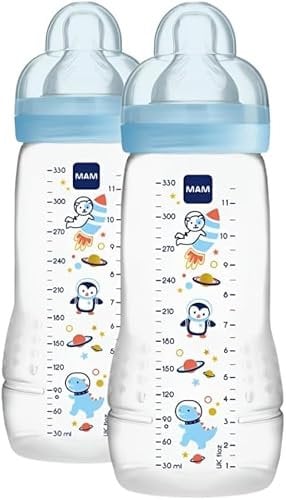 MAM Biberon Easy Active Baby Bottle 330 ml, Kit da 2 per bambini attivi ergonomici e pratici, Accessori neonato 4+ mesi allattamento con tettarella misura 3, Azzurro assortito, Versione attuale