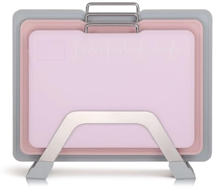 CLOVE Color-Coded Plastic Chopping Boards Set with Stand in Stainless Steel, Non-Slip BPA-Free Cutting Boards for Kitchen, Large Small Black Grey, Dishwasher Safe, Built-in Handle (Large)