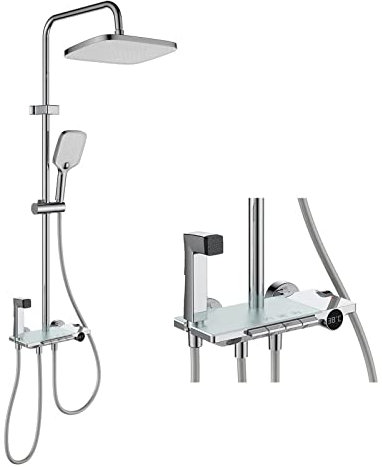 RWDAMPUW Juego Completo de Grifo de Ducha de Pared, Sistema de Ducha termostático con Pantalla Digital de Temperatura, Cabezal de Ducha de Lluvia con rociador de Mano, Incluye Grifo de bañera y rocia