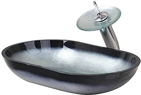 PUFAHAU Lavabo De Salle De Bain, Lavabo De Luxe, Vasque, Lavabo De Salle De Bain Gris, Lavabo en Verre Trempé Peint À La Main, Lavabo De Salle De Bain Et Robinet Combinés