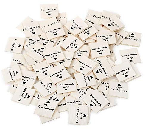 BOFUNX 100pcs Stoffetiketten Handmade with Love Textiletiketten Handmade Label zum annähen Kleideretiketten Handmade Etiketten für Kleidung DIY Näharbeit