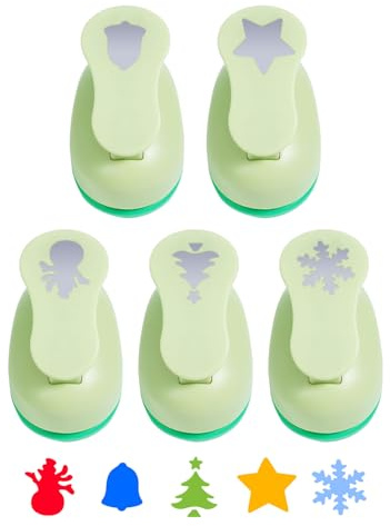 UCEC 5 Pcs Christmas Paper Punch Set – 1 Inch, 5 Shapes for Cards & Crafts | Craft Paper Punch: Snowflake, Snowman, Bell, Tree & Star, Easy-Squeeze Handle, for DIY Crafts, Scrapbooking and Card Making