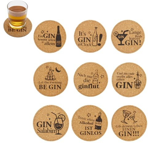 Untersetzer Gläser Gin Geschenkset, 9 Stück Untersetzer Gin Set mit Ginsprüchen, 10cm Glasuntersetzer Kork Gin Untersetzer, Gin Glasuntersetzer Waschbarer für Ginfans Ginliebhaber Gintrinker