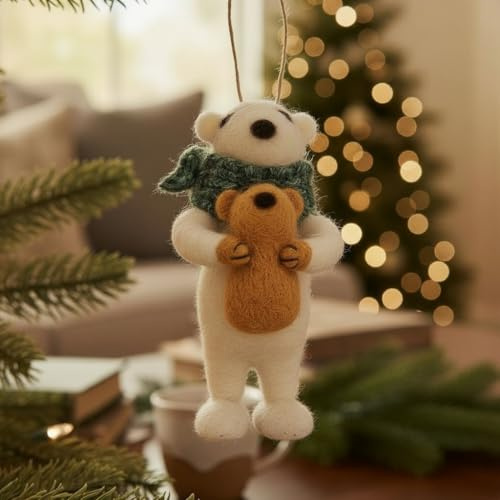 Adorable Needle Felted Christmas Ornament | Free-Standing or Hanging Decoration | Festive Christmas Decor (Polar Bear with Scarf and Teddy)