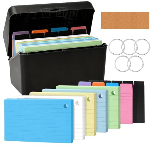 Caja de Tarjetas De índice Negra, Contiene 250 Tarjetas de índice Rayadas de Colores, 100 Notas de índice, 5 Separadores, 5 Carpetas de Anillas Y 1 Etiqueta de Solinorex Caja para tarjetas con fichas