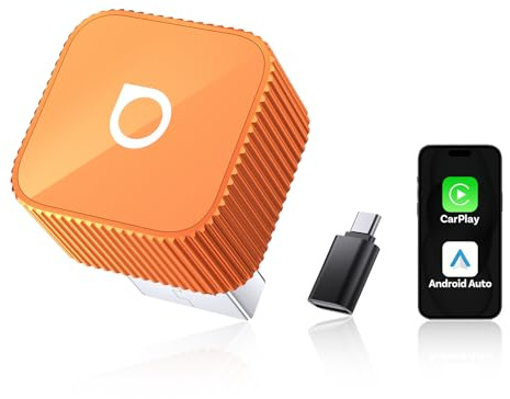 OTTOCAST 2026 Actualizado 2 en 1 Adaptador Wireless CarPlay & Android Auto | Mini Slim 3.0 para teléfonos iOS 10+ & Android 11+, Plug & Play Convierte conexión con Cable a inalámbrica(Naranja, Tipo A+C)