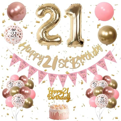 Kradeler 21st Birthday Decorations Women ,Gold Birthday Banner, Retro Pink Gold Latex Balloons Party Decorations Confetti Balloons for Women