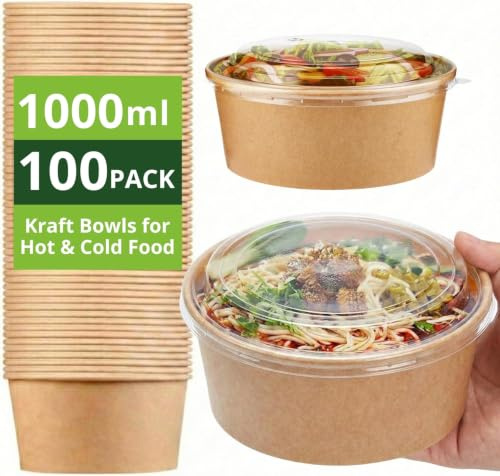 Ask Packaging 100 x 1000ml Kraft Salad Paper Bowls with Lids – Takeaway Containers for Hot & Cold Food – Leak-Resistant Soup Bowls – Disposable Food Containers for Restaurants & Meal Prep