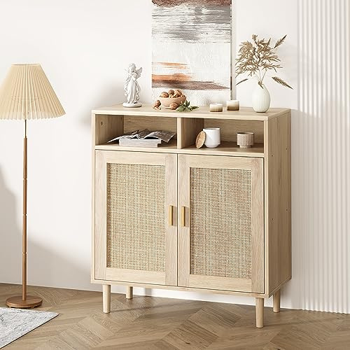 Thaookte Sideboard Küchenschrank Aufbewahrungsschrank Mit 2 Rattan Türen Und 2 Offenem Fach, Kommode Holz Buffetschrank Für Flur Eingangsbereich Wohnzimmer Oder Küche, 80x40x92cm