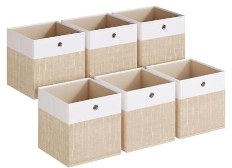 SONGMICS Aufbewahrungswürfel, 6 Stück, faltbare Aufbewahrungsboxen aus Stoff, Würfel-Organizer-Boxen mit Griffen, für Schrankregale, geruchlos, 33 x 33 x 33 cm, Wolkenweiß und Sandbeige URFB433LF02
