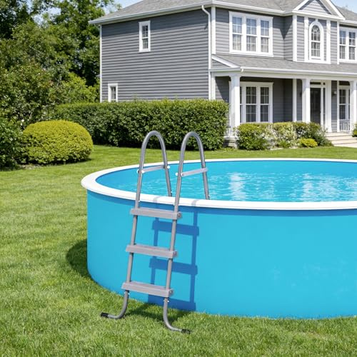 Suusolny 3 Stufen Eisen Poolleiter,Mit rutschfeste Trittstufe Wetterfest & Stabil,Bis 130 kg,für Aufstellpools mit Einer Höhe Bis 110 cm,Grau