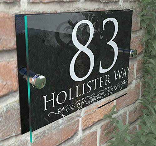 DECORATIVE PERSONALISED WALL PLAQUE DOOR NUMBER STREET GLASS EFFECT ACRYLIC ALUMINIUM NAME - White & Black