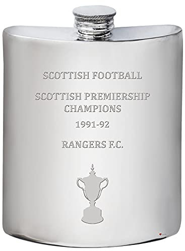 I LUV LTD 6oz Hip Flask for Glasgow Rangers 1991-92 Scottish Premiership Champions Football Memorabilia Mens Birthday Personalised Gifts Pewter Whisky Accessories