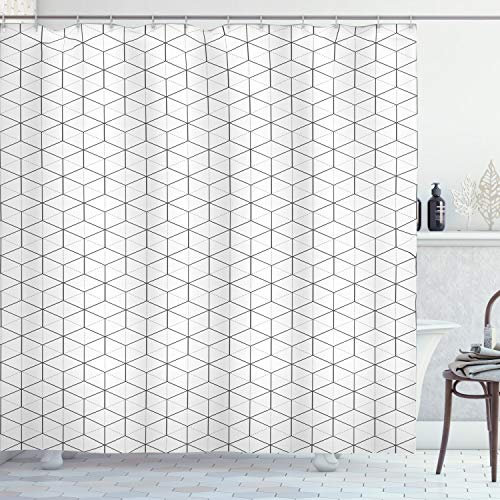 ABAKUHAUS Geometrisch Duschvorhang, Linien und Quadrate, Stoffliches Gewebe Badezimmerdekorationsset mit Haken, 175 x 180 cm, Schwarz und weiß