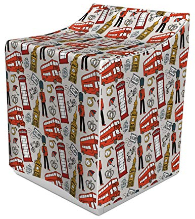 ABAKUHAUS London Waschmaschienen und Trockner, Doodle englische Krone London Cab Telefonzelle Uhr Big Ben Umbrella Fahrrad, Bezug Dekorativ aus Stoff, 70x75x100 cm, Mehrfarbig
