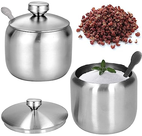 Yueser Stainless Steel Sugar Bowl, 2pcs Small Sugar Bowl Spice Pot with Lid and Spoon for Home and Kitchen Salt Sugar Coffee Tea Herbs