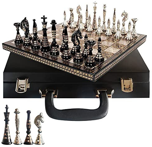 Guruji Divinity Collectible Tribal Warli Art Brass Chess Set in Leather Storage Box. (12 X 12 in)