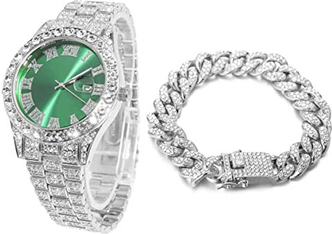 Halukakah Diamant Golduhr, Herren Platin Weiß Vergoldet 42MM Breite Grün Wählen Quarz Armband 24cm mit Kubanischer Link Kette 20cm Armband Set, mit Geschenkbox