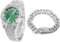 Halukakah Diamant Golduhr, Herren Platin Weiß Vergoldet 42MM Breite Grün Wählen Quarz Armband 24cm mit Kubanischer Link Kette 20cm Armband Set, mit Geschenkbox
