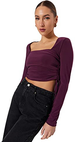 Trendyol Camicetta Aderente in Maglia con Colletto Quadrato Camicia, Lilla, S Donna