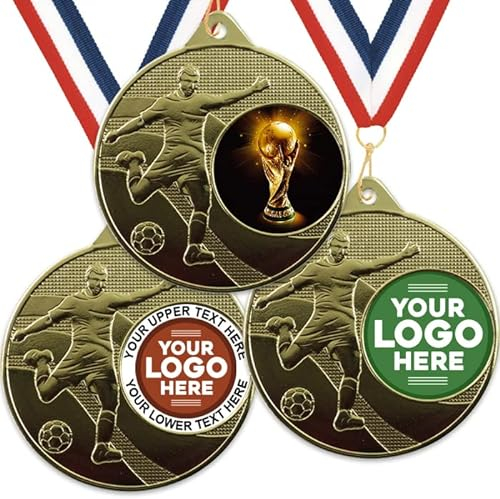 Trophy Monster Pack of 10x Metal 50mm Gold Embossed Football World Cup Party Medals & Ribbons Standard emblem or your logo FREE | Personalised | Bulk Pack Quantity Deals 50,100,250 or 500 |