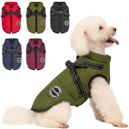 Aimydog Hundemantel Winter, Wärme Hundejacke Mit Brustgurt Gurt Winddichte mit bauchschutz, Haustier Outdoor Reflektierend Hundeweste mit Fleece Gefütterte für Kleine (Grün, S)