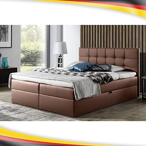 Boxspringbett Doppelbett Leo - Bett mit Bonellmatratze, mit Bettkasten für Bettwäsche und Topper. Widerstandsfähiger und angenehm zu berührender Kunstleder mit Bettkasten (Braun, 180x200)