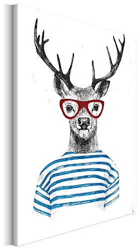 REVOLIO 50x75 cm Leinwandbild Wandbilder Wohnzimmer Modern Kunstdruck Design Wanddekoration Deko Bild auf Leinwand Bilder 1 Teilig - Hirsch Tiere Brille rot schwarz blau