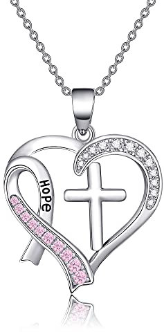 CUPENDA Brustkrebs Bewusstseins Halskette Sterlingsilber Kreuz Rosa Band Anhänger Überlebende Kämpferin Geschenk Schmuck für Frauen