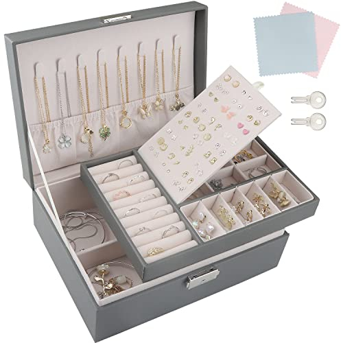 TEIVUL Schmuckkästchen,Damen 2-schichtige Schmuckaufbewahrung,PU-Leder Schmuckkasten mit Schloss,geeignet für Halsketten,Ringe,Ohrringe,Armbänder,Jewelry Organizer für Frauen und Mädchen (grau)