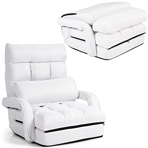 LIFEZEAL Sillón Individual Convertible, sofá Cama Plegable con Respaldo Ajustable en 5 Posiciones, Silla Suelo de 1 Plaza con cojín y reposabrazos, para salón, Dormitorio (Blanco)