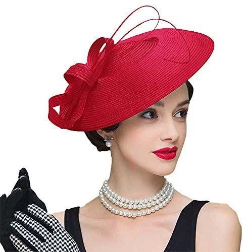 Vintage Fascinators Pillbox Hut für Frauen Stroh Fedora breite Krempe Damen Kirche Sinamay Derby Hüte, Rot/Ausflug, einfarbig (Getaway Solids), Medium