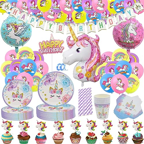 131 Stück Partygeschirr Set mit Party Deko, 16 Gäste Pappteller Serviette Pappbecher Kindergeburtstag Deko Banner Balloon Folienballon Tortendekoration Cupcake Deko (Einhorn)