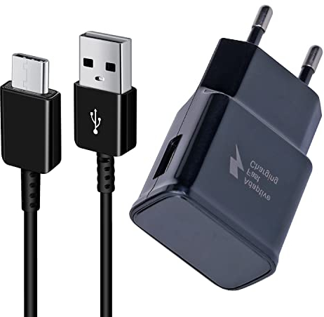 Powesky Caricabatterie USB per Samsung Phone + Cavo USB C 1,5m Compatibile con S21, S20, S10e, S9, S8 Edge/Plus/Active, Note 10, 9, 8, 7, A53, Tablette A7, A8, Serie A, Carica batterie cellulare