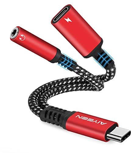 AIYEEN 2-in-1 USB C to 3.5mm Headphone and Charger Adapter, USB C PD 3.0 Quick Charging Port to Aux Audio Jack & 60W Fast Charging Dongle Cable Compatible with iPhone 15 Google Pixel Samsung (Red)