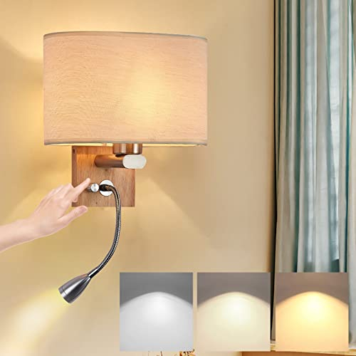 LED Applique Murale Intérieure avec Flexible Liseuse Dimmable E27 Lampe de Chevet en Bois avec Interrupteur Rotatif Tissu Lampe Murale Moderne pour Chambre à Coucher Salon Hôtel Couloir Lumièr Murale